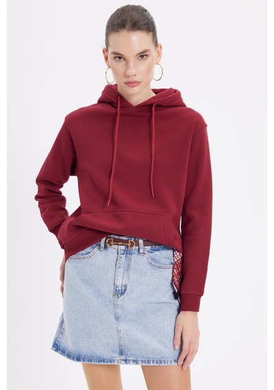 Tudors Kadın Relax Fit Rahat Kesim Pamuklu Kapüşonlu Kanguru Cepli Bordo Sweatshirt-39939 Bordo