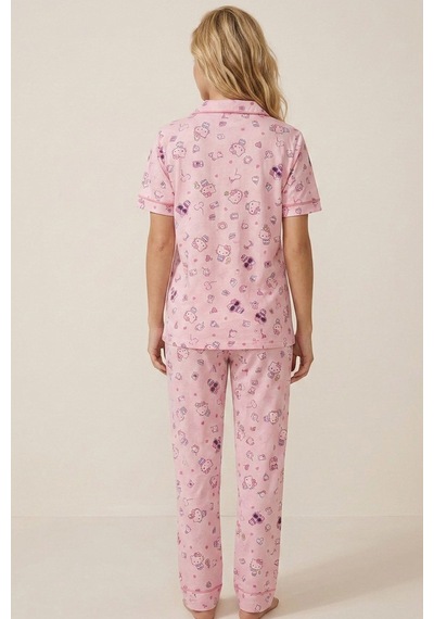Siyah İnci Hello Kitty Lisanslı %100 Pamuk Pembe Çok Renkli Düğmeli Biyeli Pijama Takım 26120451