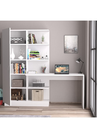 Narin Raflı Kitaplıklı Askılıklı Dolaplı Çalışma Masası Beyaz (Dolap Sol)