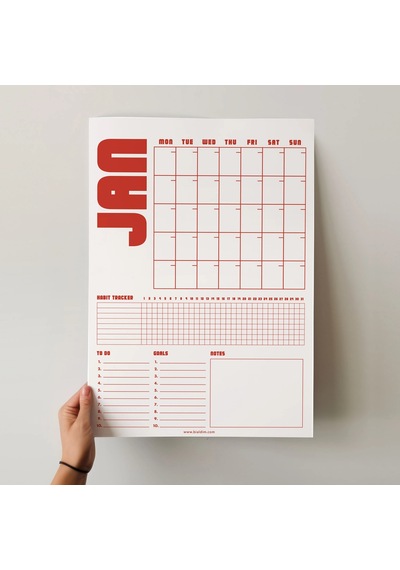 Tarihsiz Aylık Planlayıcı Takvim, Kırmızı Retro Organizer Planlayıcı