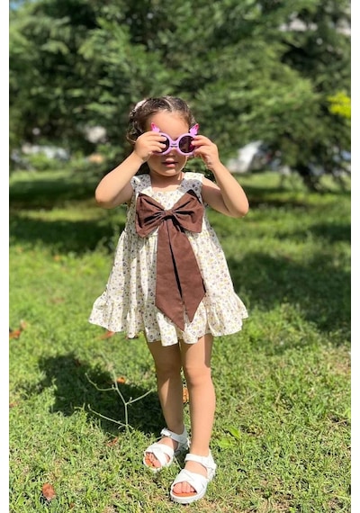 Fiyonk Detaylı Kare Yaka Çiçekli Kahverengi Kız Çocuk Bebek Elbise 001