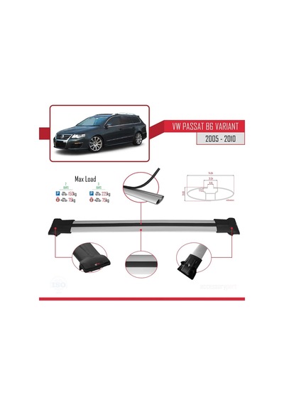 Volkswagen Passat B6 Varıant 2005-2010 Arası İle Uyumlu Fly Model Ara Atkı Tavan Barı Gri