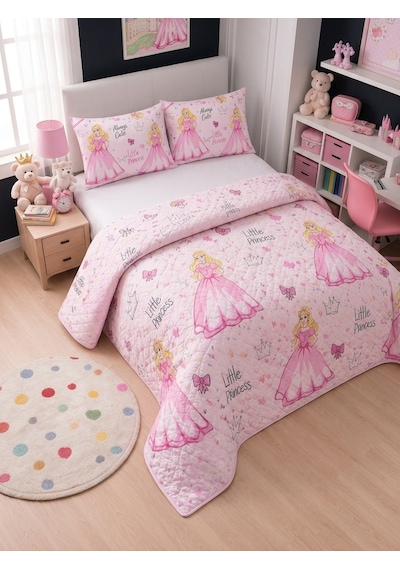 Çift Kişilik Kapitone Dolgulu Prenses Desen Pike 4 Mevsim 2 Adet Yastık Kılıfı Dahil 200x230cm Pembe