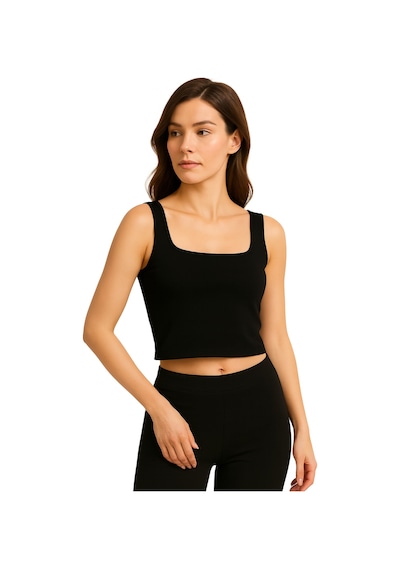 İngegno Body Kadın %95 Viskon Ring Örme Kumaş Kare Yaka Askılı Body Siyah
