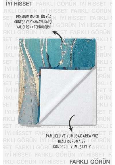 Mermer Desenli Mavi Beyaz Plaj Havlusu - Modern Akdeniz Gold Detaylı Hızlı Kuruyan Mikrofiber Havlu Serin Bulut