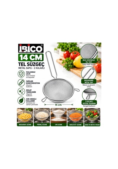 İbico İ22-299 Tel Süzgeç 14cm Sap: 15cm 2 Kulaklı Metal Saplı - 12'li Paket
