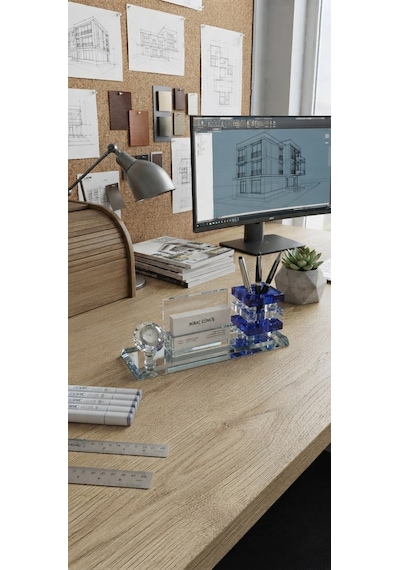 Premium Hediye Ofis Kristal Cam Saatli Kalemlik Kartvizitlik Yönetici Masaüstü Organizer Seti Mavi Çok Renkli