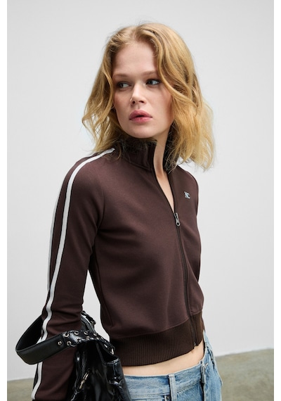 Grımelange Repeta Kadın Dik Yakalı Nakış Detaylı Fermuarlı Slim Fit Kahverengi Ceket Kahverengi