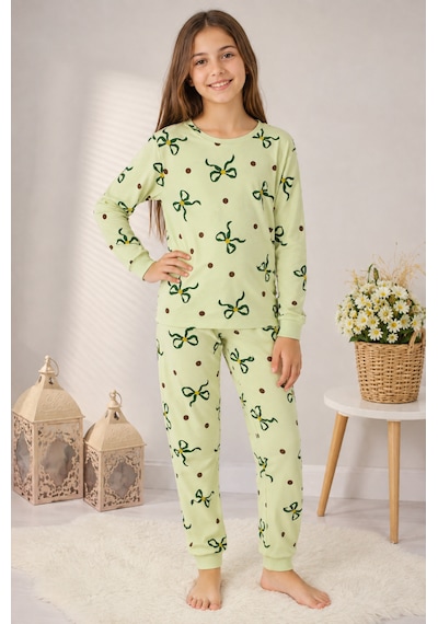 Durukoza %100 Pamuk Kız Çocuk Pijama Takımı Fiyonklu 4 Mevsim Açık Yeşil