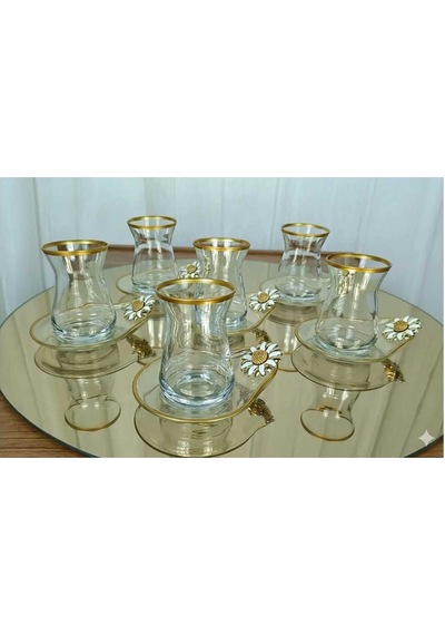 Çnr Home Collection Özel Seri Yaldizli Papatya Detayli 6'lı Çay Seti Gold