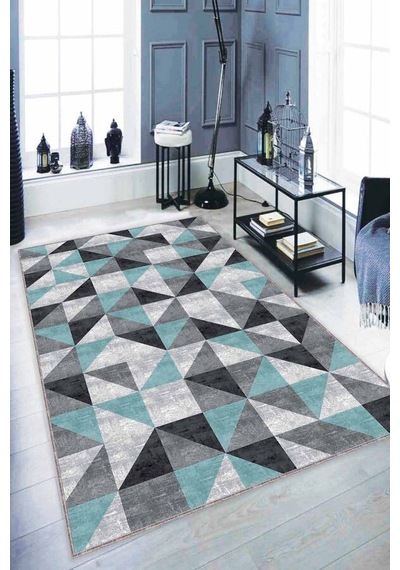 Turkuaz Geometrik Kaymaz Tabanlı Dekoratif Halı Pr08n11