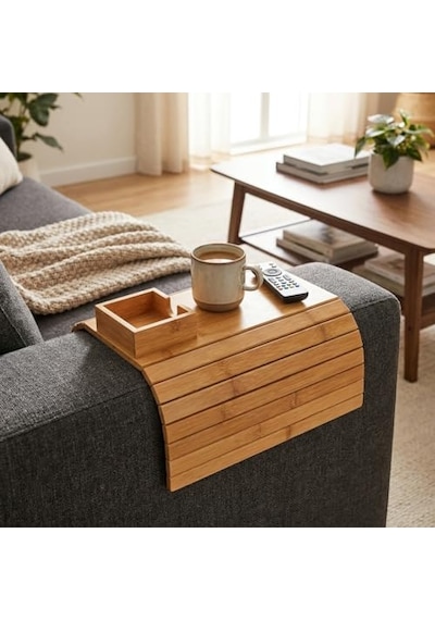 Deconox Bambu Koltuk Kenarı Tepsisi Ve Organizer - Katlanabilir Bölmeli Ahşap Kanepe Yanı Sehpa, Bardaklık Ve Kumandalık 41 X 33.5 X 4.5 Cm Abanoz - Beyaz