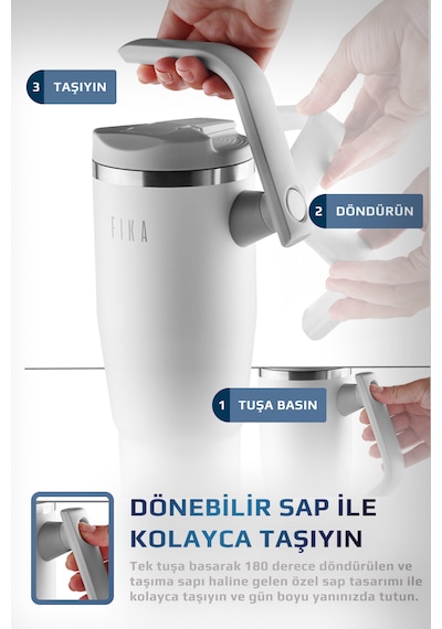 Fika Lumi Patentli Döner Kulplu Sızdırmaz Çelik Termos 1200 Ml - Beyaz