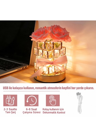 Kristal Cam Pembe Güllü Şarjlı Masa Lambası 4000 Mah Dokunmatik 3 Işık Modlu Dekoratif Gece Lambası