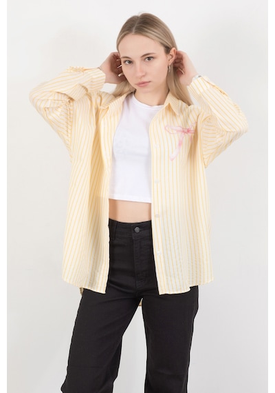 Giysa Kadın Fiyonk Baskılı Oversize Çizgili Gömlek Sarı Beyaz - 71567 Sarı