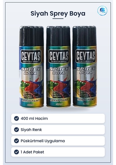 Siyah Sprey Boya 400 Ml 1 Adet Kolay Uygulanabilir Yüzey Boyama İ