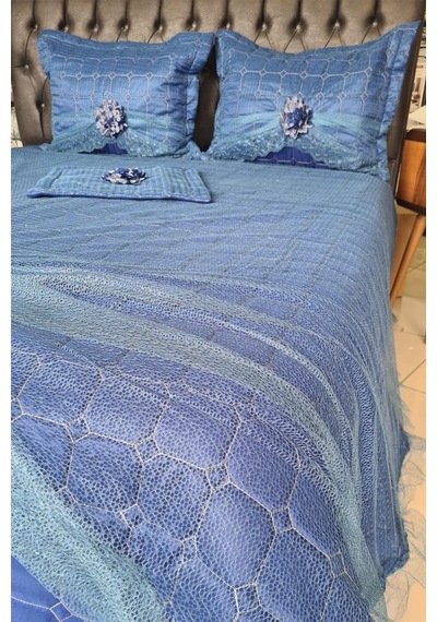 Elegant Çift Kişilik Yatak Örtüsü Takımı Lacivert Lacivert