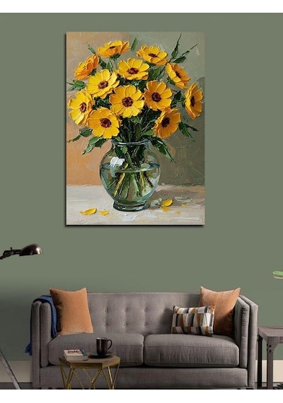 50 X 70 Cm Boyutunda Güneş Çiçeği Vazosu Kanvas Tablo