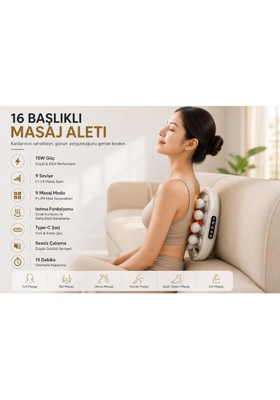 16 Başlıklı Isıtmalı Masaj Aleti, 9 Seviye 9 Masaj Modu, Sıcak Kompres Fonksiyonlu, Type-c Şarjlı, Dijital Ekranlı, Çift Tutma Kollu Tüm Vücut Masaj Cihazı, 15w, Beyaz
