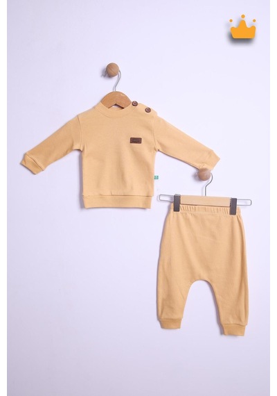 Babyhola Kız Erkek Bebek Takım Pamuk Düğmeli Sweat Düğmeli Alt Üst Takım 236312 Bej