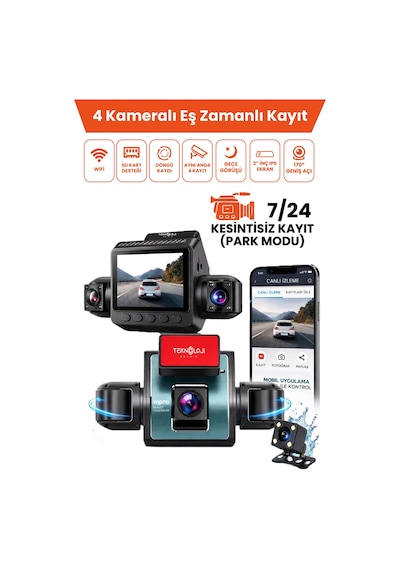 4 Kameralı Araç İçi Kamera Lcd Ekranlı 360 1080p Hd Gece Görüşü, G Sensor, Park, Döngü Kayıt Wdr, Uygulama Kontrol