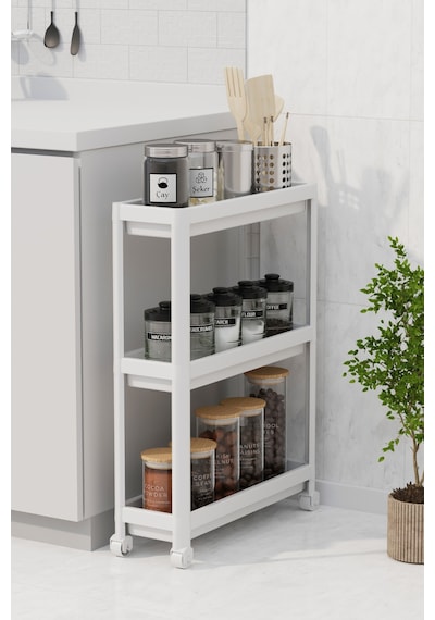 Mithra Life 3 Katlı Tekerlekli Slim İnce Beyaz Banyo Mutfak Rafı Mıt1125 Beyaz
