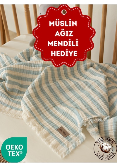 Zeypba Mavi Çizgili 4kat Müslin Püsküllü 4 Katlı Müslin 110x110cm Mavi - Beyaz