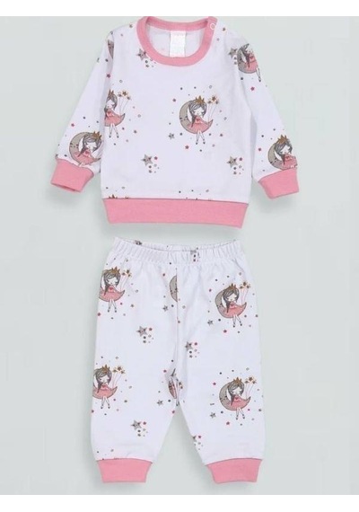 Breeze Kız Bebek Desenli Pamuklu Pijama Takım-15340 Beyaz