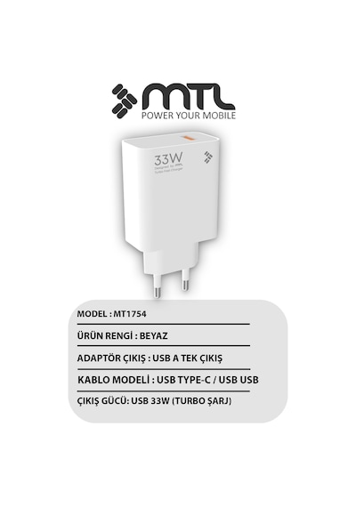 33w Turbo Şarj Saniyeli Usb Çıkışlı Hızlı Şarj Adaptörü Mt1754