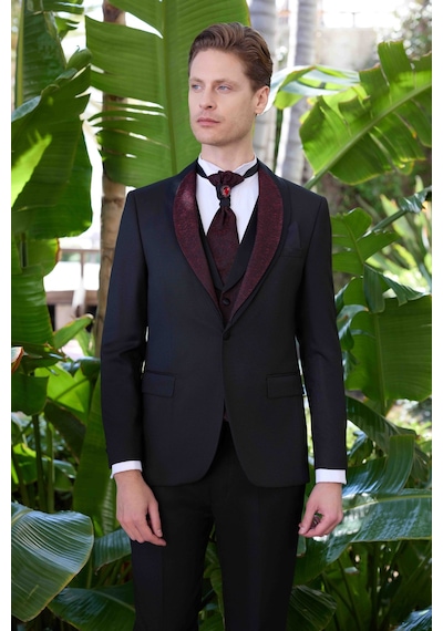 Morven Erkek Siyah Santos Çıkma Yaka Slim Fit Damatlık Siyah