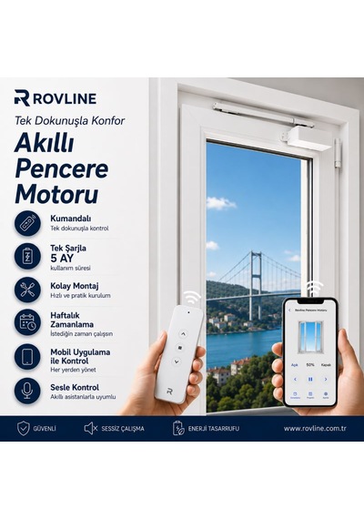 Rovline Şarjlı Akıllı Pencere Motoru, Kumandalı Gri