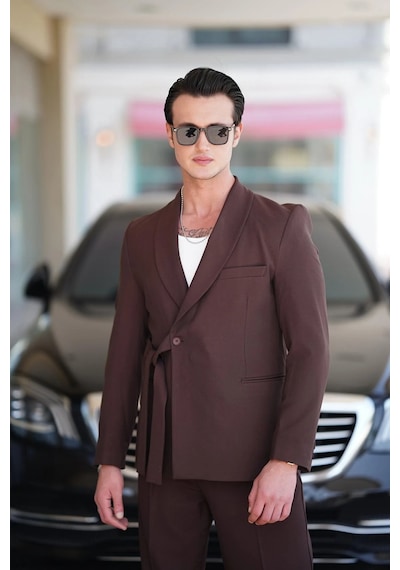 Modefendi Şal Yaka Kuşak Detaylı Blazer Ceket Kahverengi