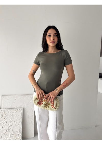 Elaxi Kadın Kısa Kollu Kayık Yaka Buzy Kumaş Tişört Haki