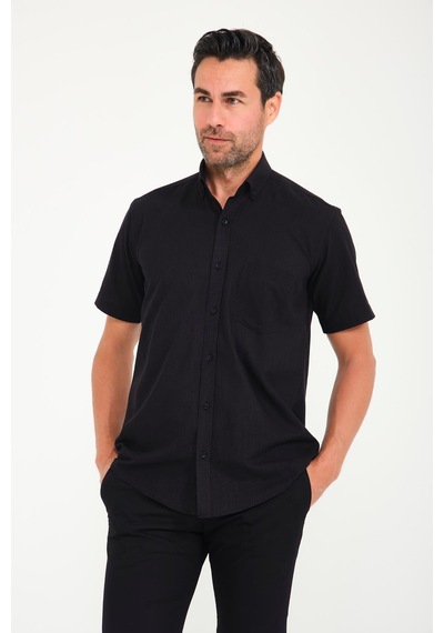 Klasik Kısa Kol Linen Keten Yaka Düğmeli Hediye Kutulu Erkek Gömlek Fs-001202 - Siyah-1691