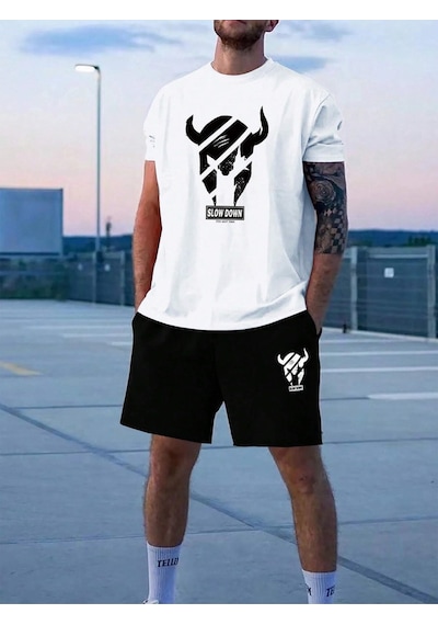 Unisex Oversize Slow Down Baskılı Bisiklet Yaka Beyaz T-shirt Siyah Şort Beyaz Unisex Oversize Slow Down Baskılı Bisiklet Yaka Beyaz T-shirt Siyah Şort Beyaz