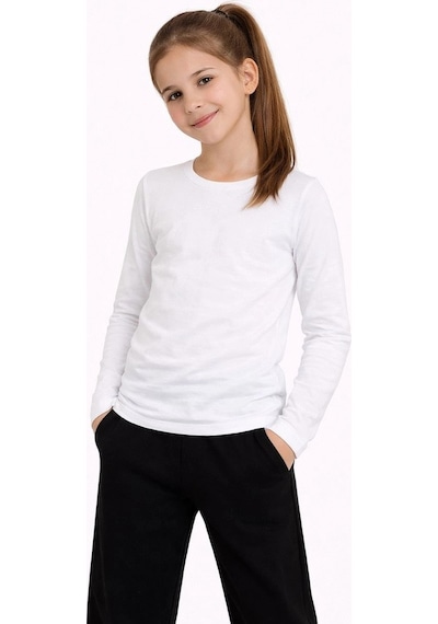 Kız Çocuk Basic Uzun Kollu Tişört Okul Günlük Rahat T-shirt - Beyaz