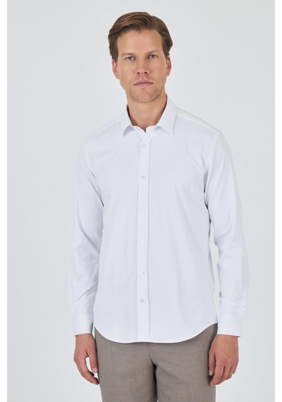 İmza Uzun Kol Düz Bez Ayağı Sert Yaka Cepsiz Pamuklu Classic Slim Fit Gömlek 1004250211 Beyaz