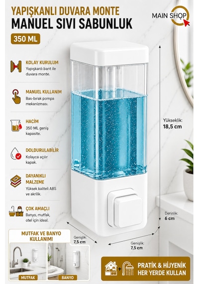 Mainshop 1 Adet Yapışkanlı Duvara Monte Banyo Ve Mutfak Manuel Sıvı Sabunluk 350 Ml Doldurulabilir M-53 Beyaz
