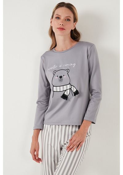 Lela Regular Fit Desenli Bisiklet Yaka Bayan Pijama Takımı 65719102 Gri