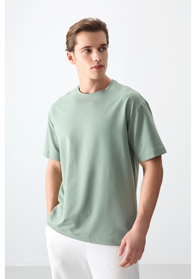 Air Jones Tommy Life Açık Yeşil Pamuklu Kalın Yumuşak Dokulu Oversize Fit Basic Erkek T-shirt - 88377 CAMEL