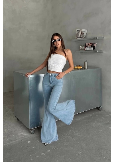 Extra Geniş Paça Yüksek Bel Likralı İspanyol Jeans Buz Mavi