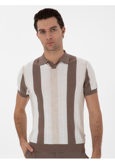 Ekru Slim Fit Apaş Yaka Triko T-shirt Bej