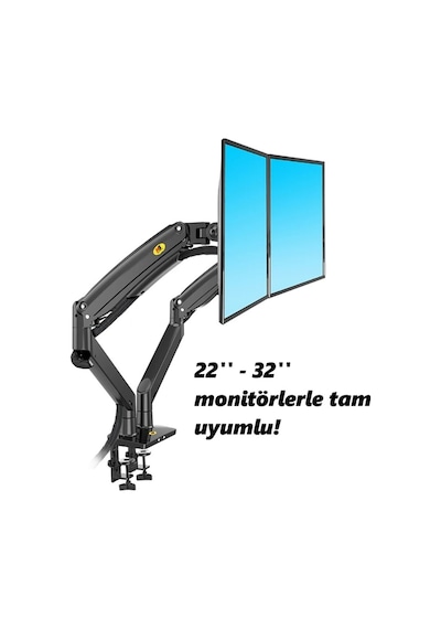 North Bayou Nb G35 22''-32'' Çift Monitör Standı Amörtisörlü Ayarlanabilir Masa Aparatı - 12kg Taşıma, 360 Dönüş