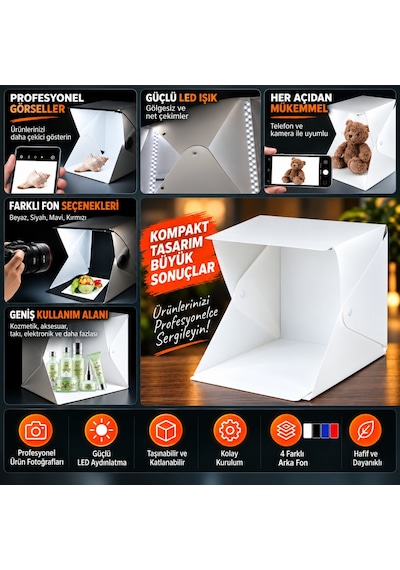 Triline 20x20 Cm Led Işıklı Mini Ürün Fotoğraf Çekim Çadırı 4 Renk Fonlu Taşınabilir Stüdyo Beyaz