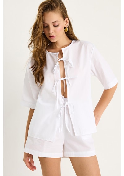 Shade Kadın Masai Bağlamalı Gömlek Beli Lastikli Cep Detaylı Şort Poplin Takım 9371 60281097 - Beyaz