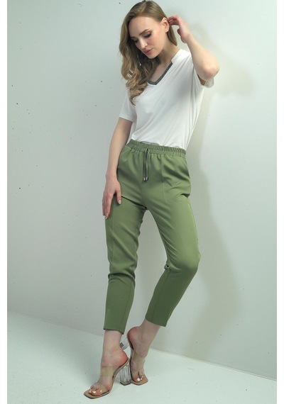 By Saygı Kadın Beli Lastikli Yandan Cepli Havuç Paça Pantolon-40784 Yeşil