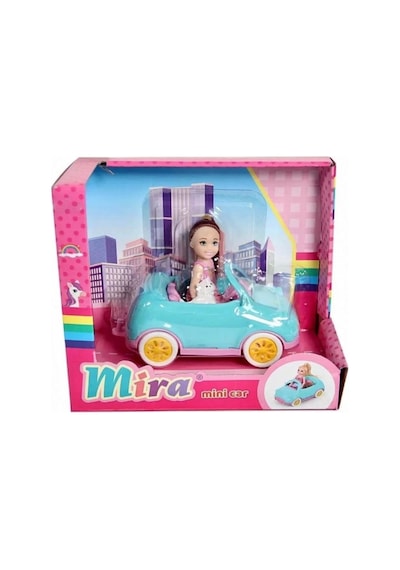 Mini Arabalı Mira Bebek 16cm Arabalı Köpekli Sevimli Bebek Figürlü Eğlenceli Oyuncak Seti