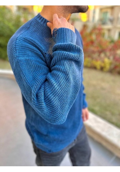 Elku Moda Kazak Triko Oversize Tüylenmez Naturel Pamuk Yırtık Detaylı Lazer Kesim Rahat Kesim Salaş Kazak Lacivert