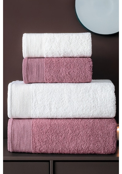 4'lü Hamam Takımı Banyo Havlu Seti 2 Adet 50x90 + 2 Adet 70x140 %100 Pamuk Yumuşak Havlu Gül Kurusu - Beyaz