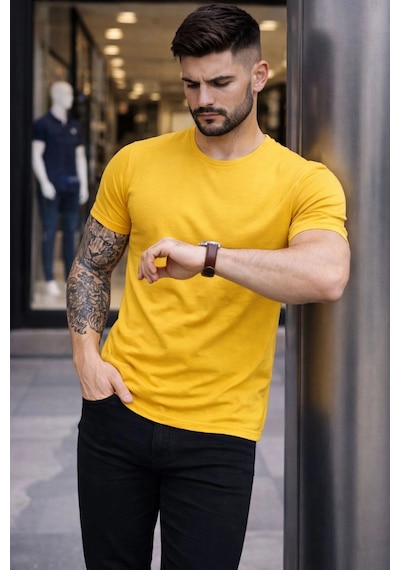 Novalisse Erkek Body Tişört Bisiklet Yaka Slim Fit Likralı T-shirt - Sarı Çoklu Renk